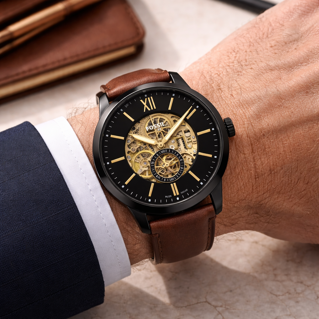 Fossil Skeleton Classic Black Case Brown Leather Watch