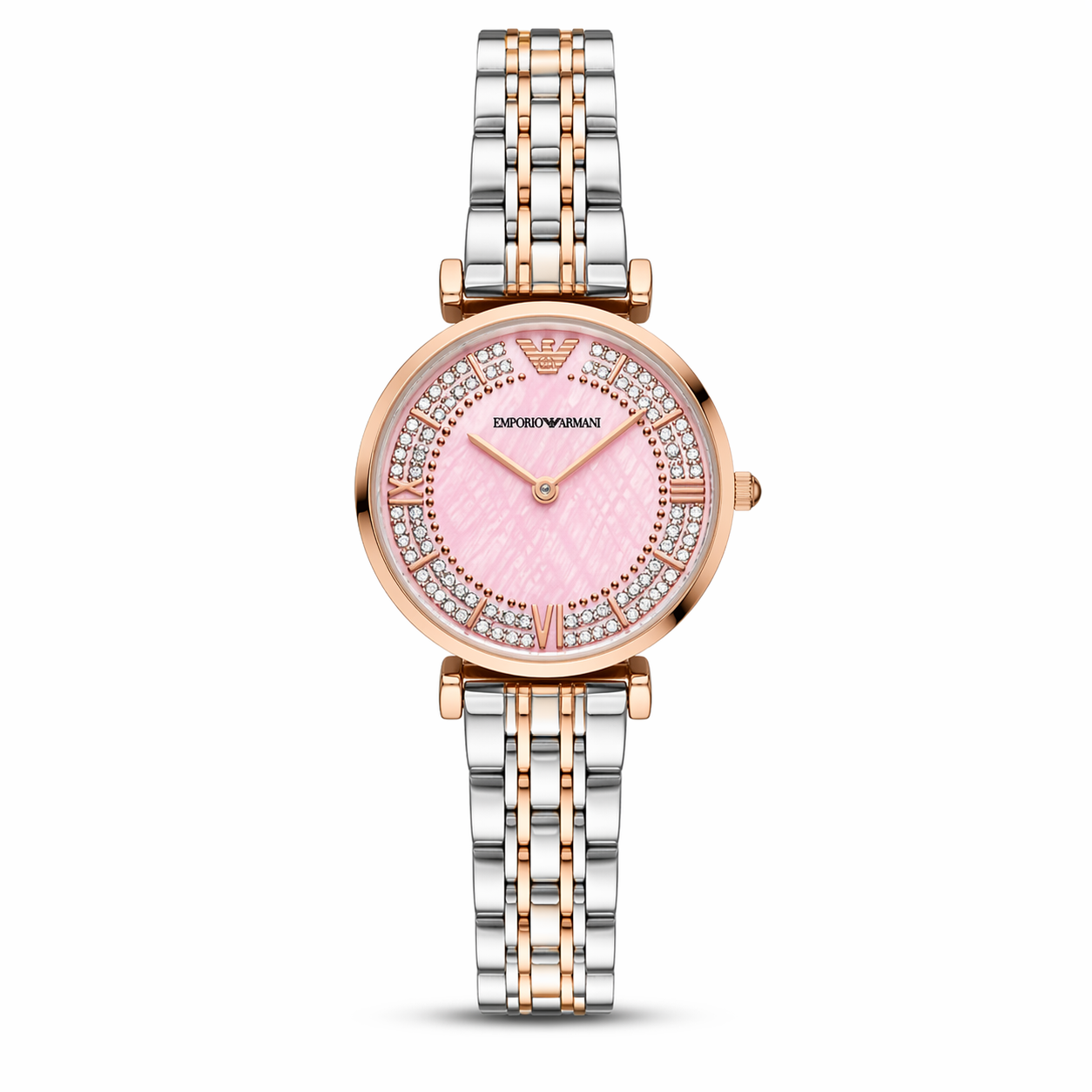 Emporio Armani Crystal Pink Dial Watch – Rose Gold Case Dual Tone Stainless Steel Bracelet