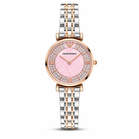 Emporio Armani Crystal Pink Dial Watch – Rose Gold Case Dual Tone Stainless Steel Bracelet