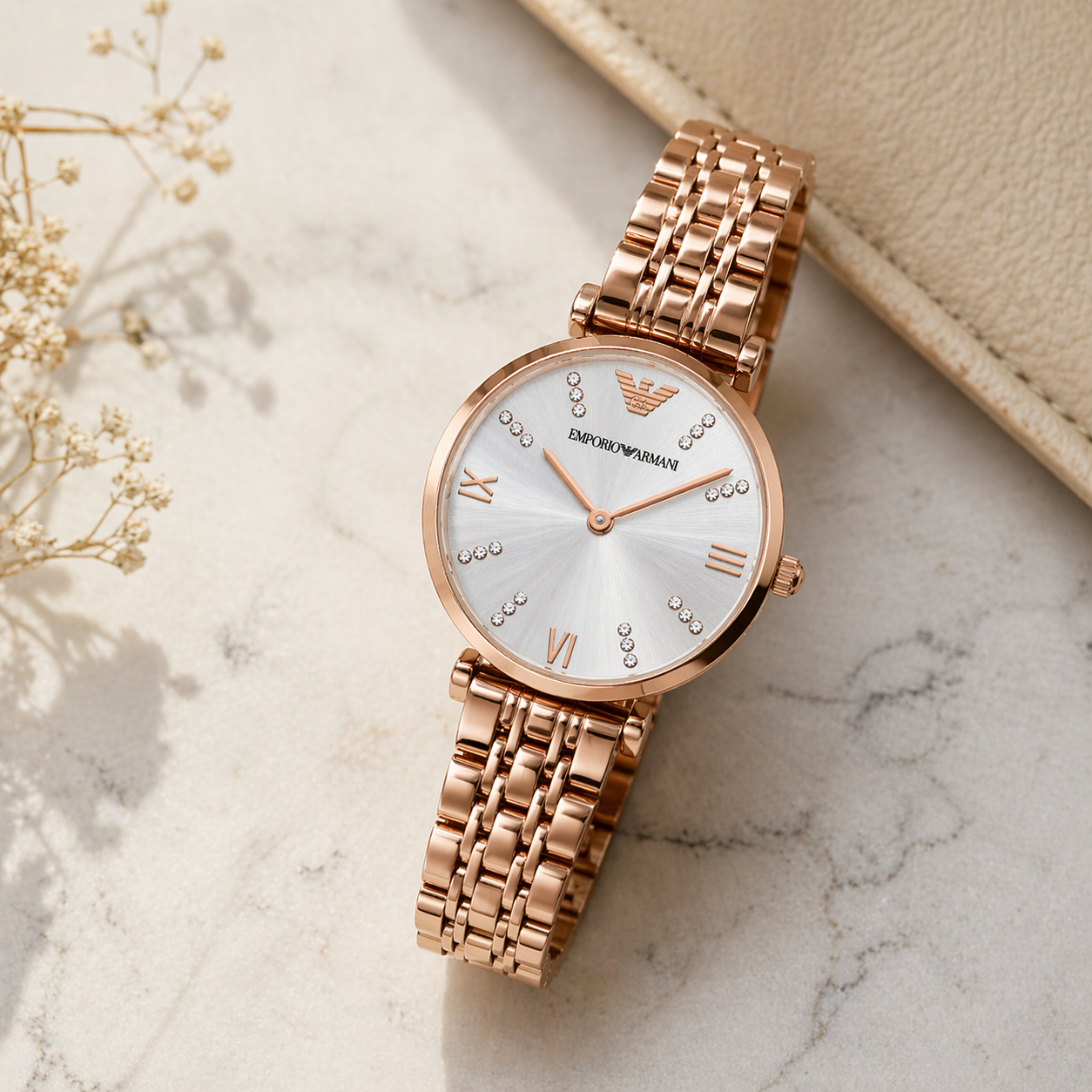 Emporio Armani Minimal Crystal Dial Watch – Rose Gold Case Stainless Steel Bracelet