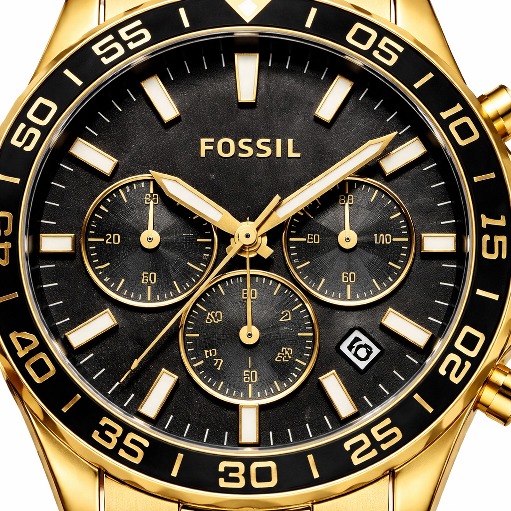 Fossil Chronograph Black Dial Gold Stainless Steel Bracelet