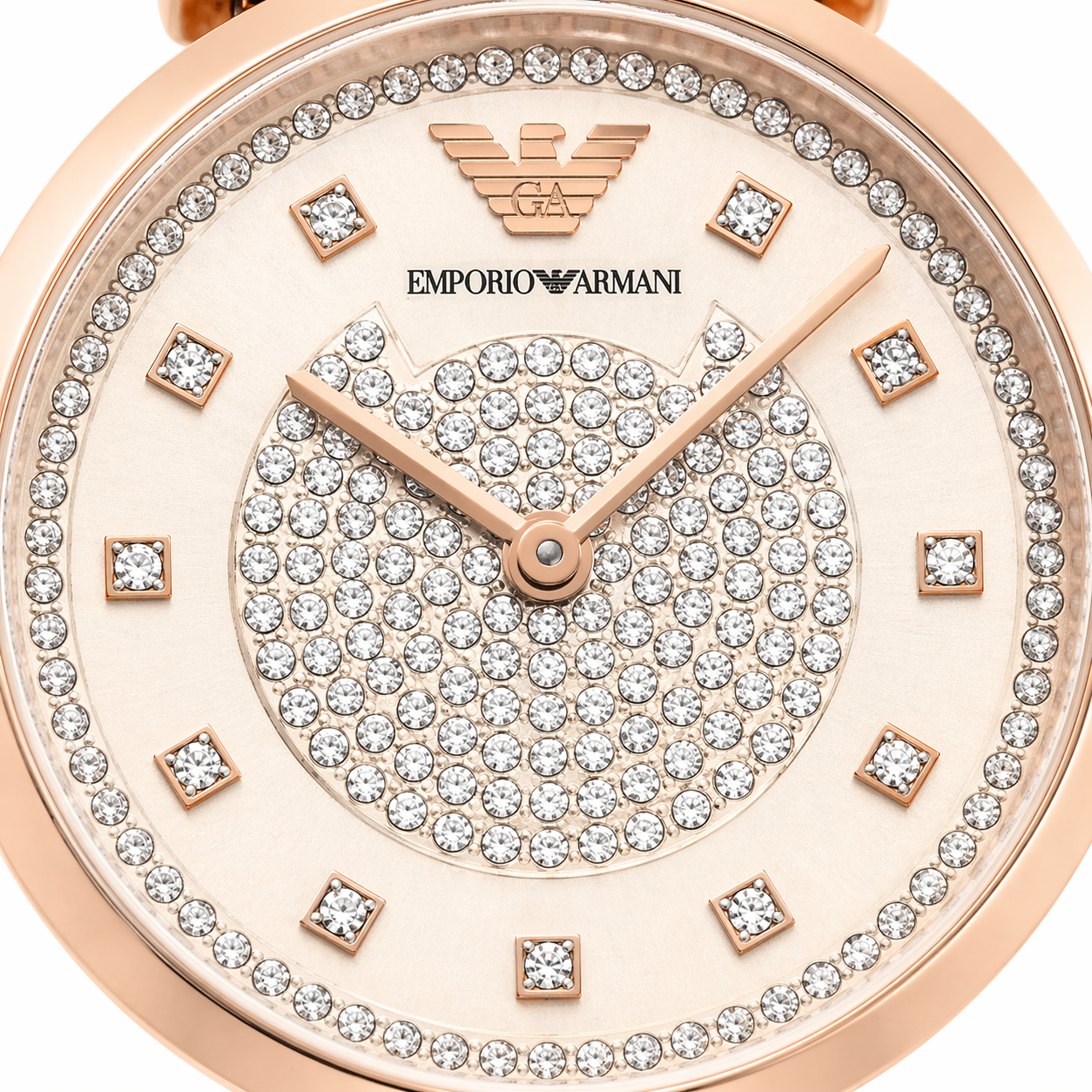 Emporio Armani Crystal Ring Dial Watch – Rose Gold Case Dual-Tone Stainless Steel Bracelet