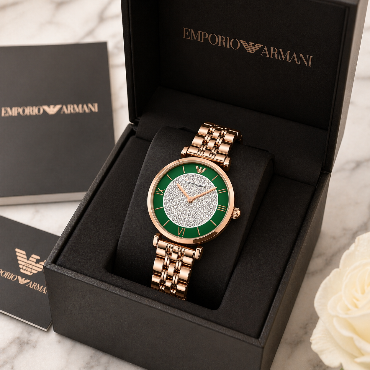 Emporio Armani Crystal Dial Elegance – Rose Gold Case Green Dial Stainless Steel Bracelet