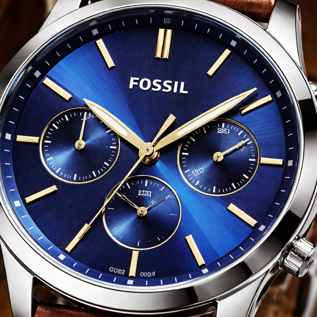 Fossil Multifunction Blue Dial Silver Case Brown Leather Strap
