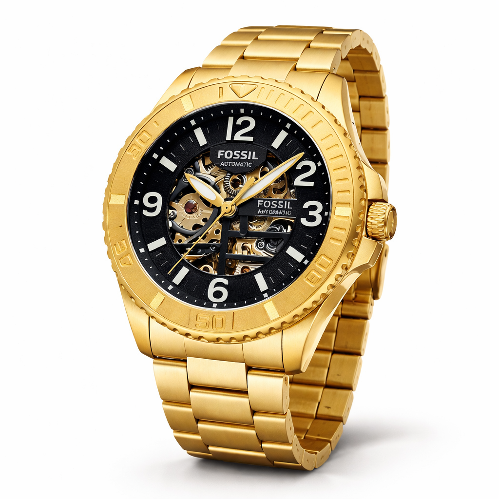 Fossil Automatic Skeleton Black Dial Gold Stainless Steel Bracelet