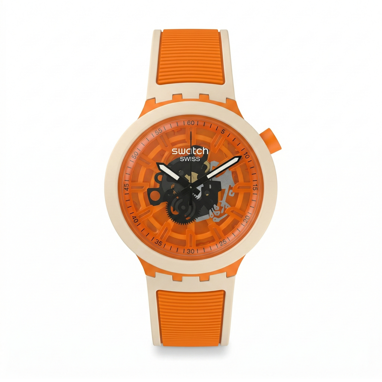Swatch Swiss Skeleton Round White Case Blue Silicone Strap