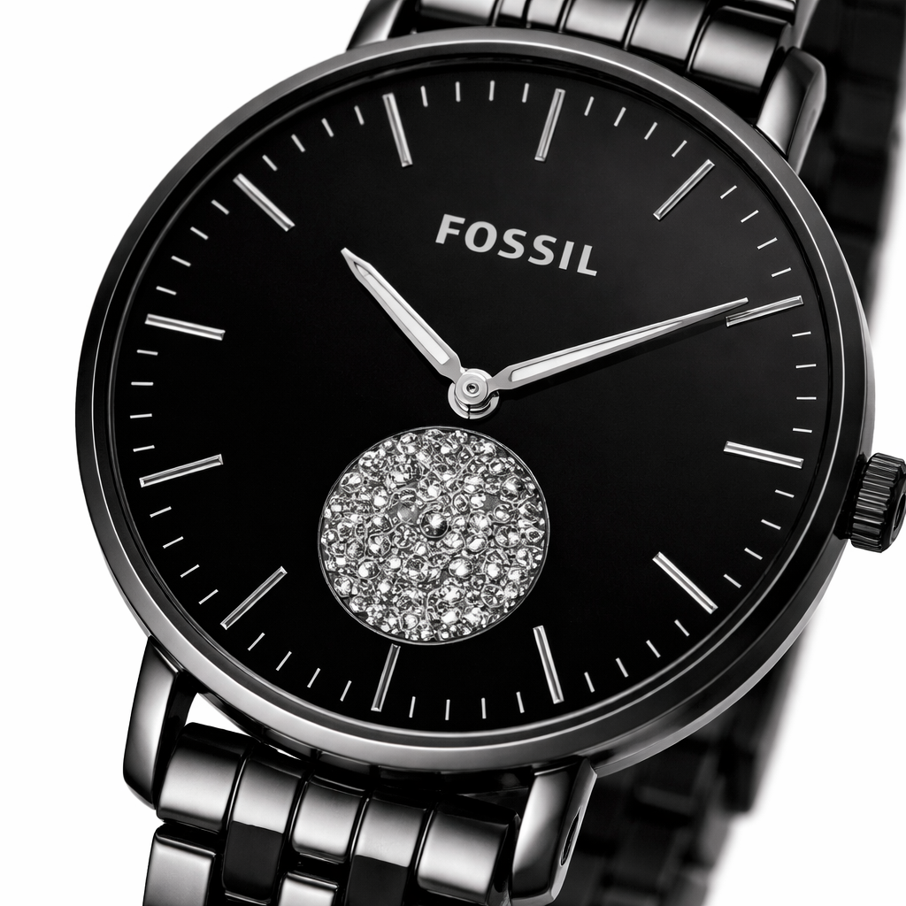Fossil Minimal Black Dial Crystal Accent Black Stainless Steel Bracelet