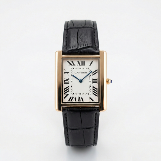 Cartier Slim Rectangular – Gold Case Black Leather