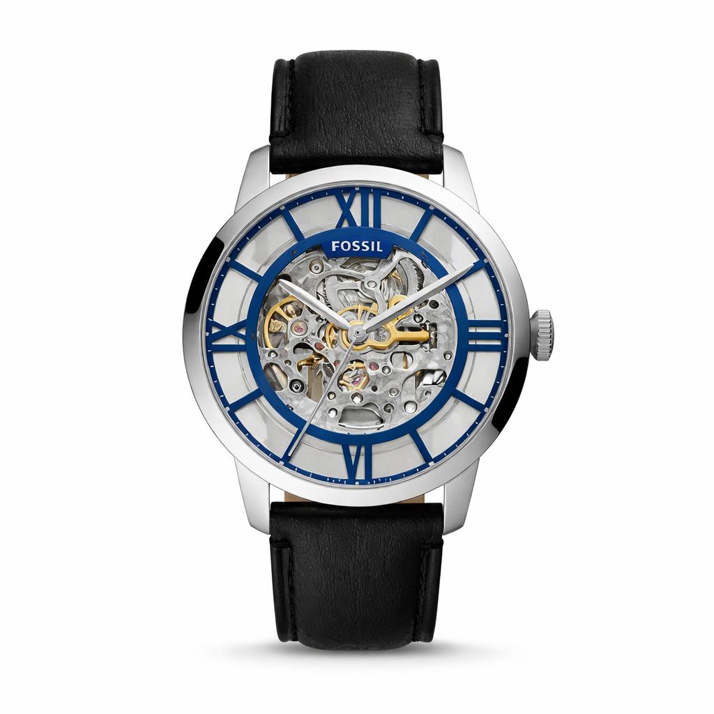 Fossil Skeleton Roman Dial Silver Case Black Leather Watch