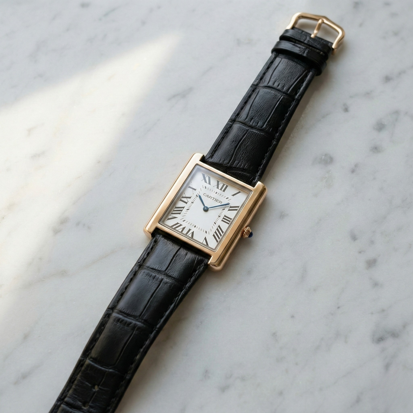 Cartier Slim Rectangular – Gold Case Black Leather