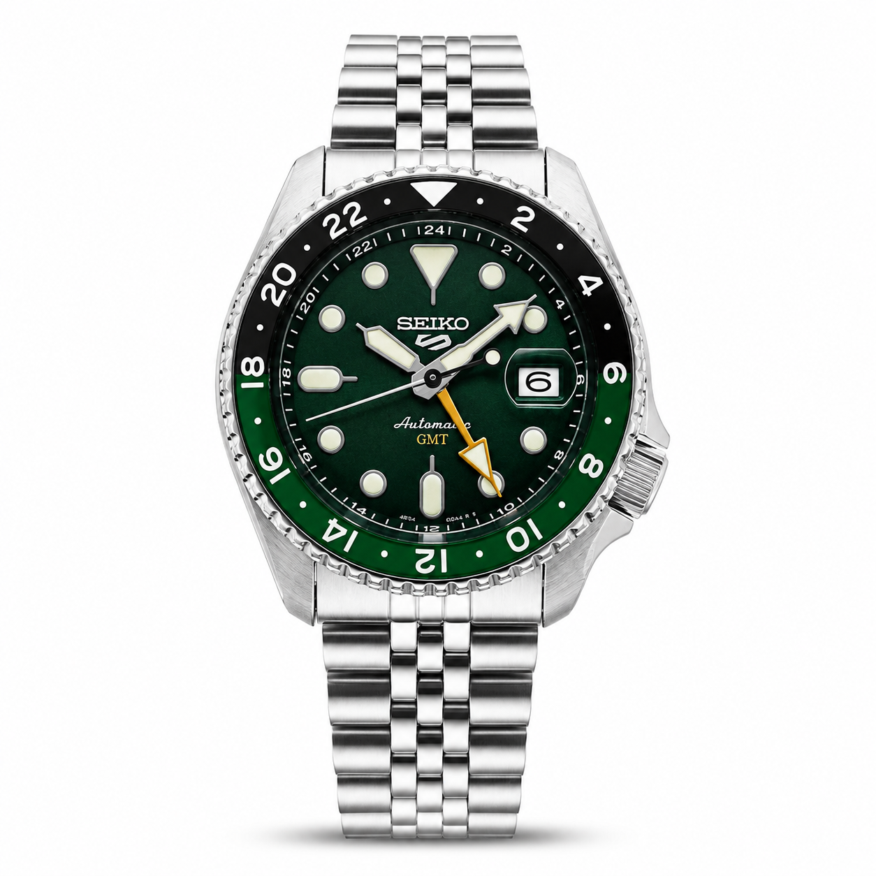 Seiko 5 GMT Automatic Stainless Steel Green Dial Jubilee Watch (Green Black Bezel)