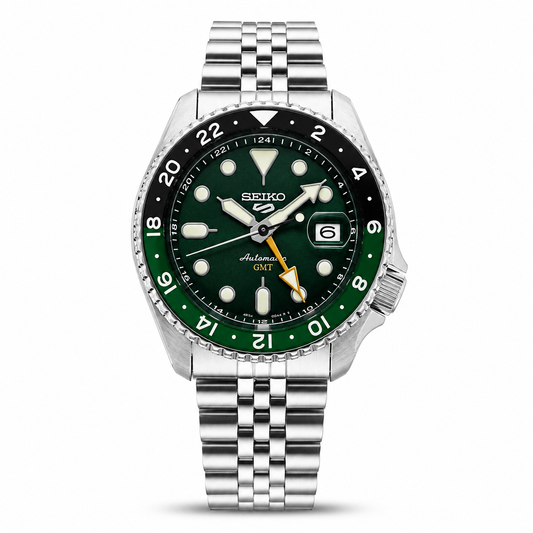 Seiko 5 GMT Automatic Stainless Steel Green Dial Jubilee Watch (Green Black Bezel)