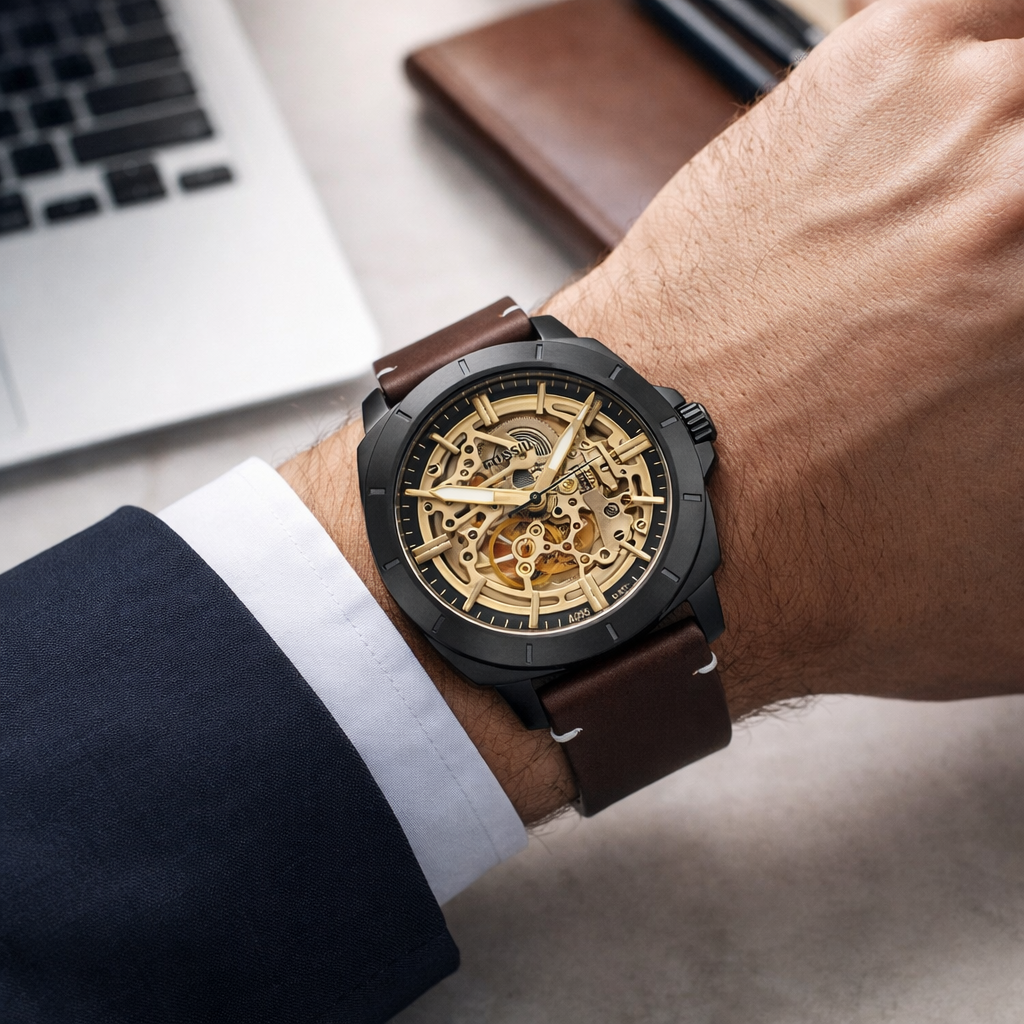 Fossil Skeleton Automatic Black Case Brown Leather Watch