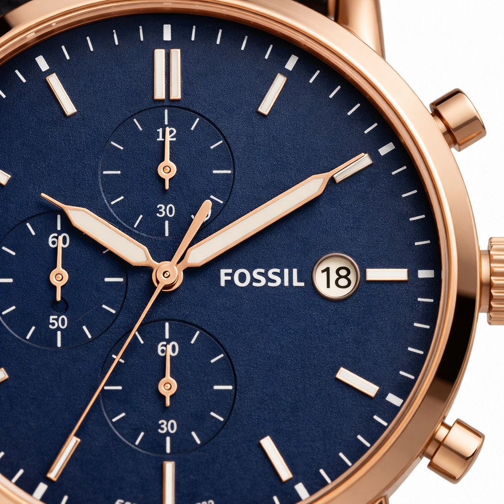 Fossil Minimalist Chronograph Watch Rose Gold Case Navy Dial Leather Strap