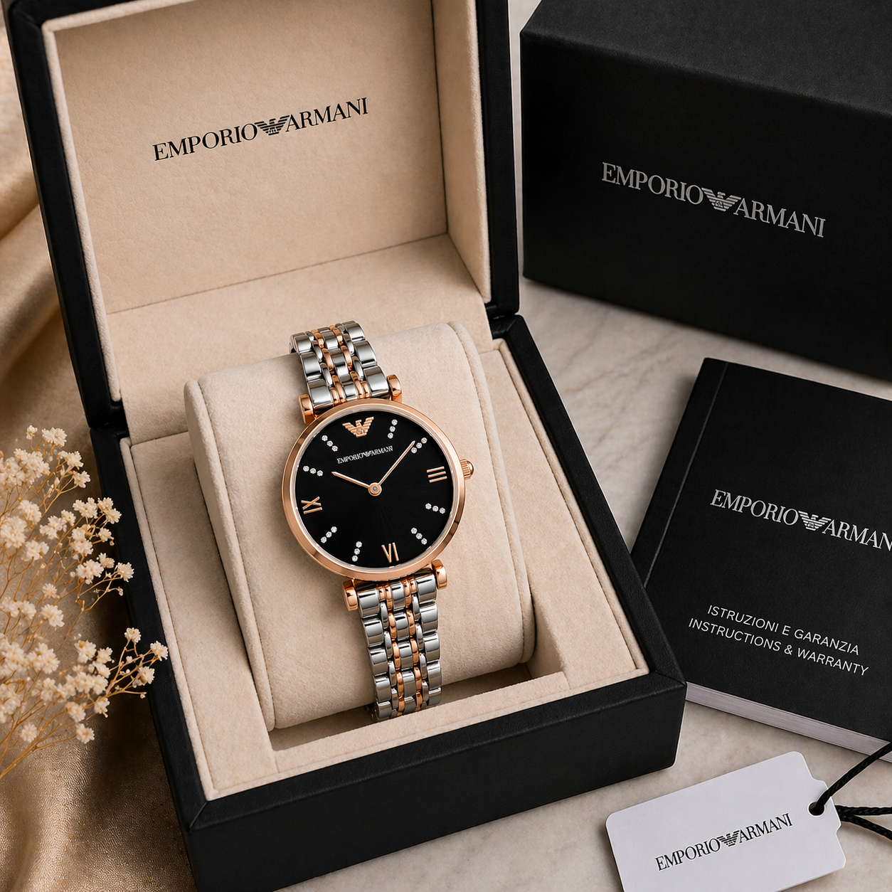 Emporio Armani Elegant Black Dial Rose Gold Case Dual-Tone Stainless Steel Watch