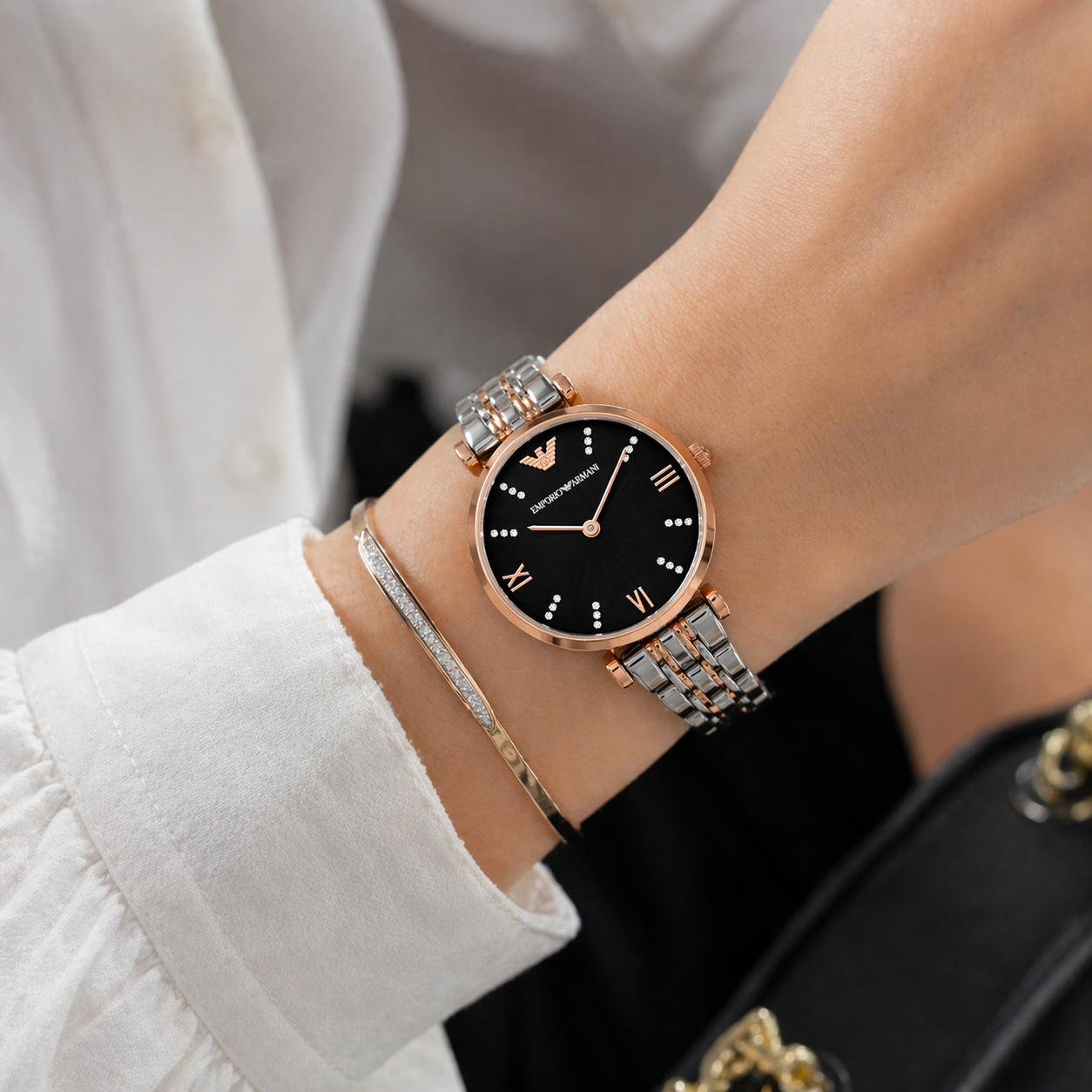 Emporio Armani Elegant Black Dial Rose Gold Case Dual-Tone Stainless Steel Watch