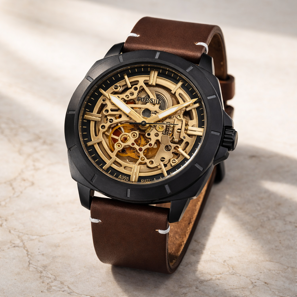 Fossil Skeleton Automatic Black Case Brown Leather Watch