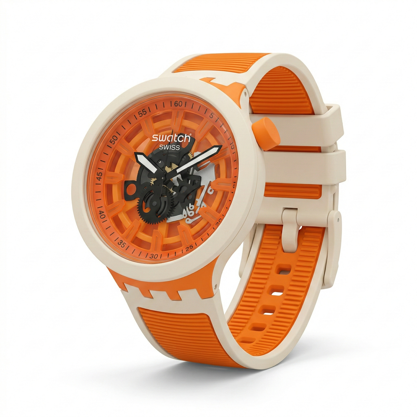 Swatch Swiss Skeleton Round White Case Blue Silicone Strap