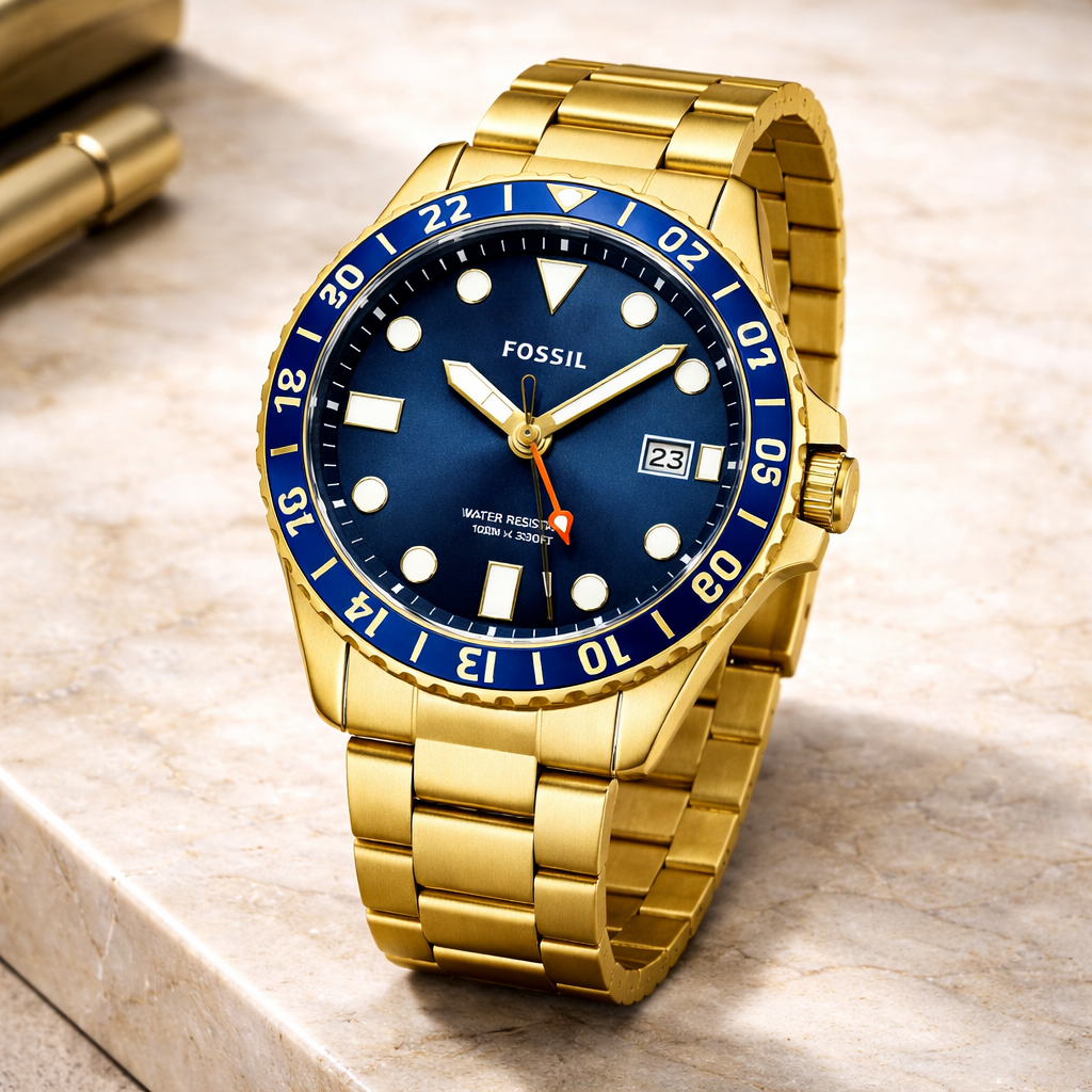Fossil Diver Style Blue Dial Gold Stainless Steel Bracelet