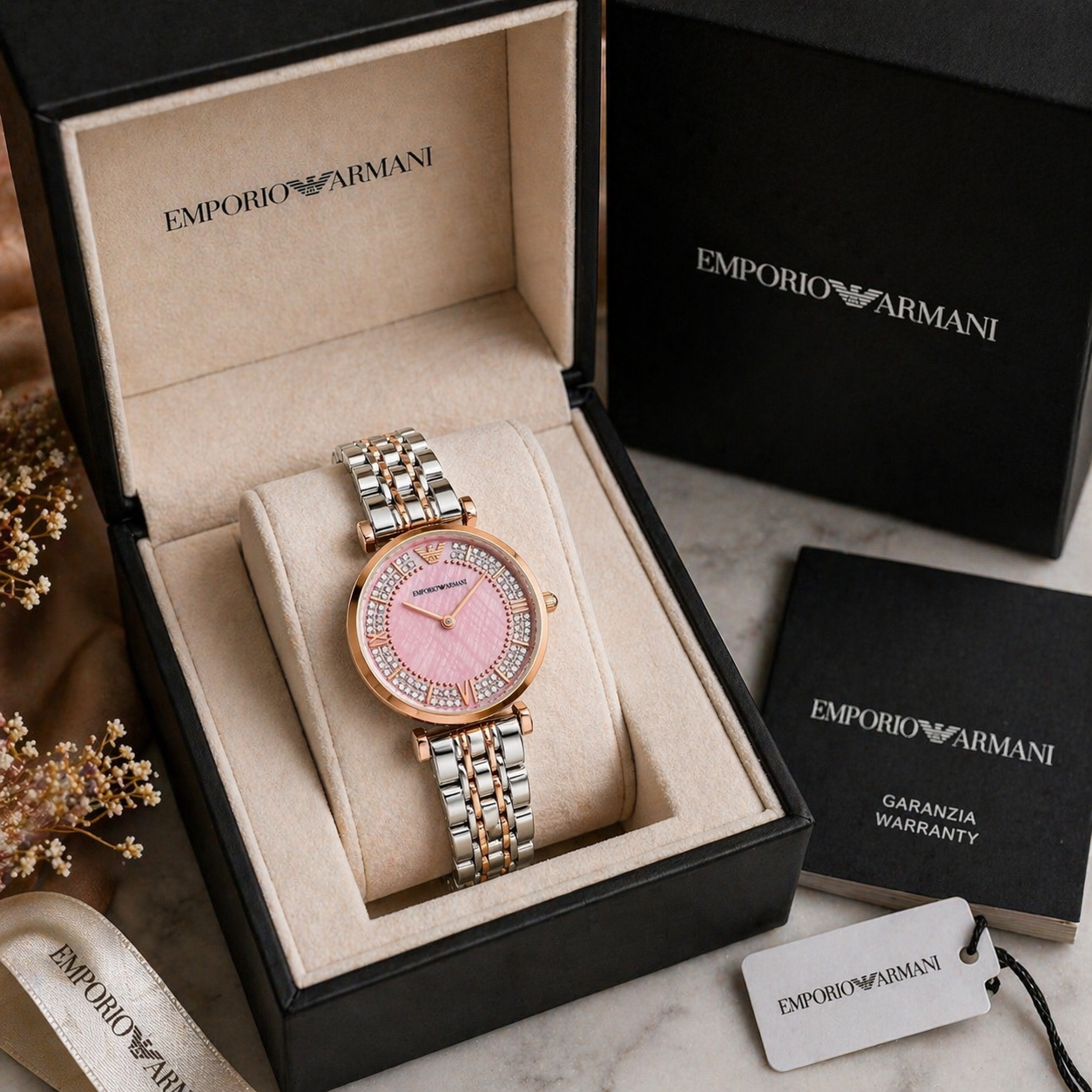 Emporio Armani Crystal Pink Dial Watch – Rose Gold Case Dual Tone Stainless Steel Bracelet