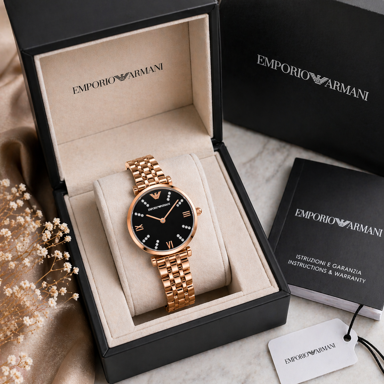 Emporio Armani Black Crystal Dial Watch – Rose Gold Case Stainless Steel Bracelet