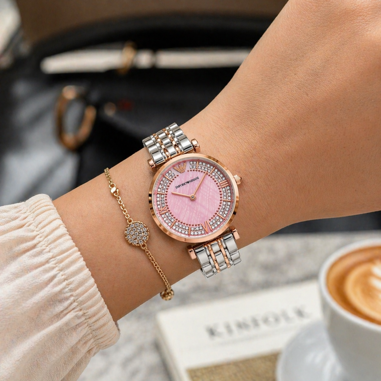 Emporio Armani Crystal Pink Dial Watch – Rose Gold Case Dual Tone Stainless Steel Bracelet
