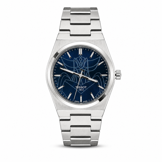 Tissot PRX Inspired Integrated Steel Watch Silver Case Blue Graphic Dial Stainless Steel Bracelet