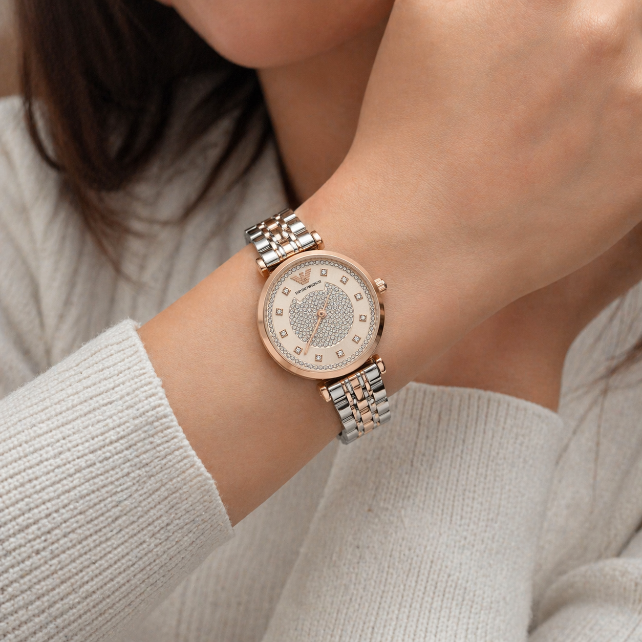 Emporio Armani Crystal Ring Dial Watch – Rose Gold Case Dual-Tone Stainless Steel Bracelet