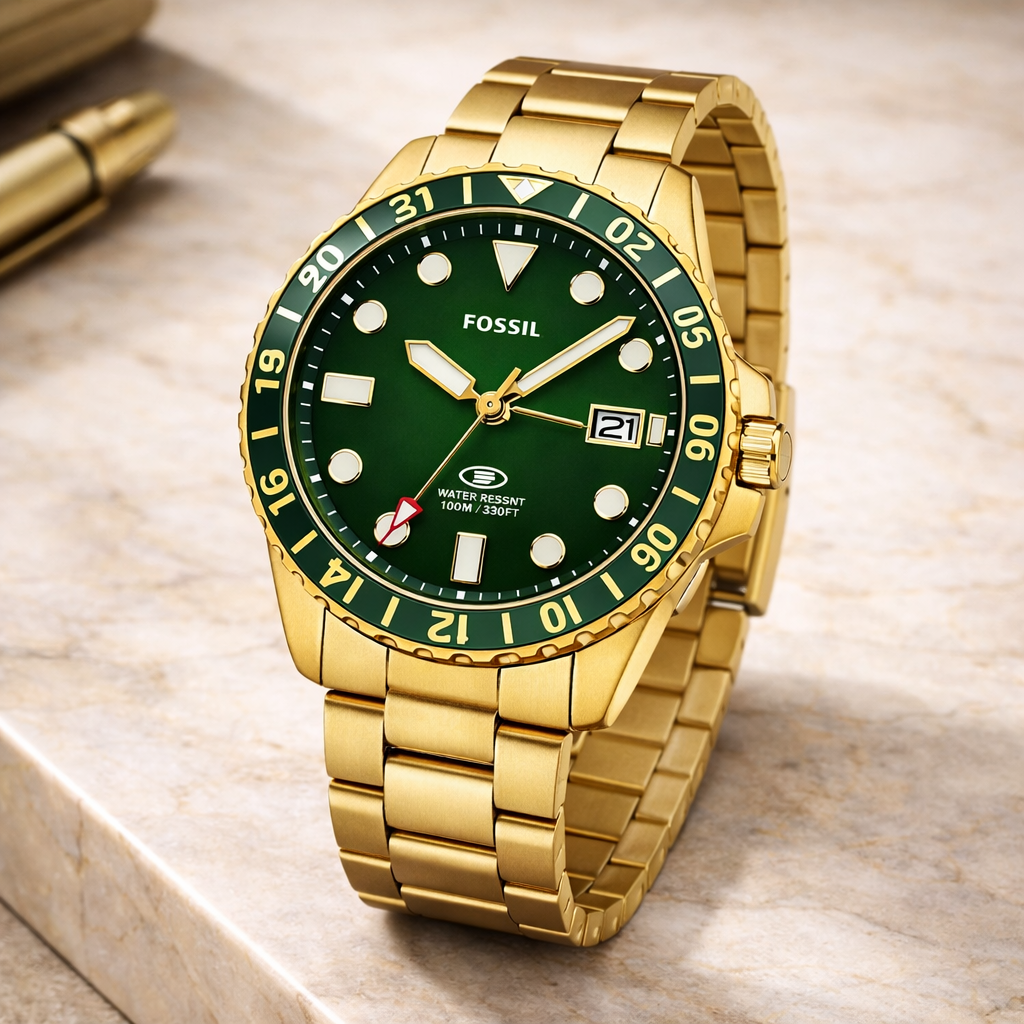 Fossil Diver Style Green Dial Gold Stainless Steel Bracelet