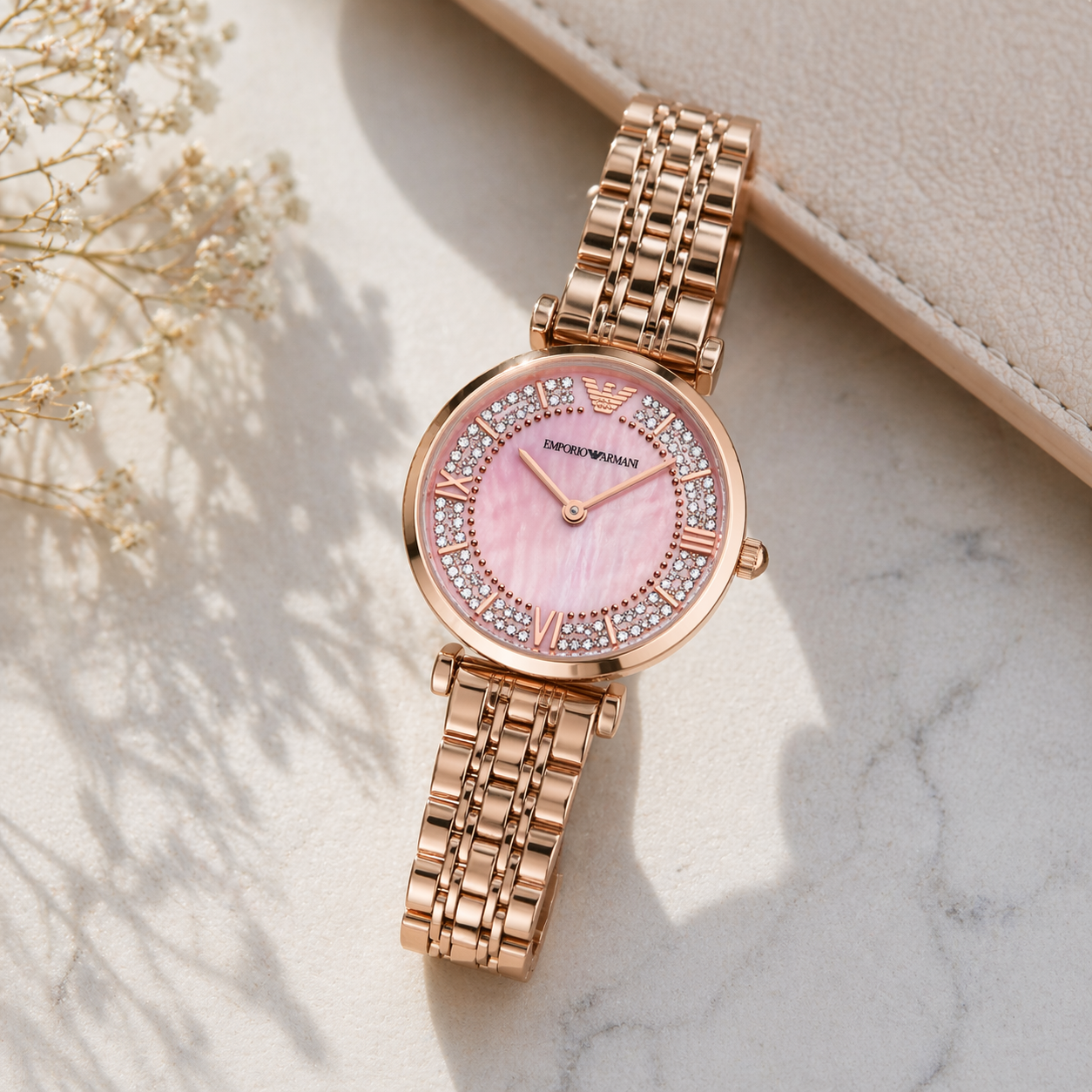 Emporio Armani Crystal Pink Dial Watch – Rose Gold Case Stainless Steel Bracelet