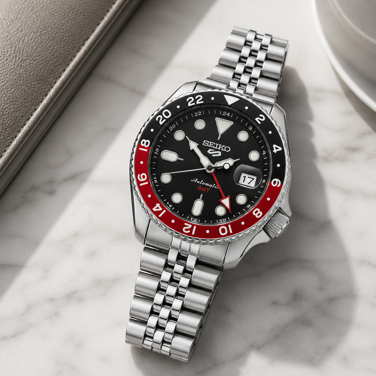 Seiko 5 GMT Automatic Stainless Steel Black Dial Jubilee Watch