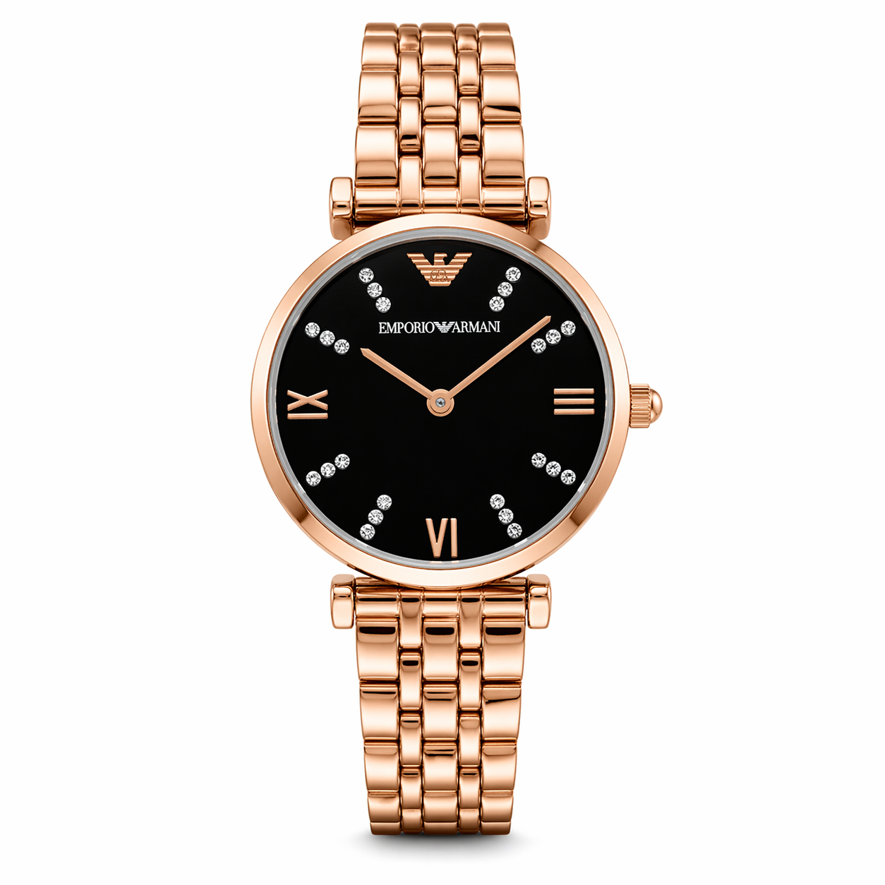 Emporio Armani Black Crystal Dial Watch – Rose Gold Case Stainless Steel Bracelet