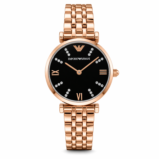 Emporio Armani Black Crystal Dial Watch – Rose Gold Case Stainless Steel Bracelet