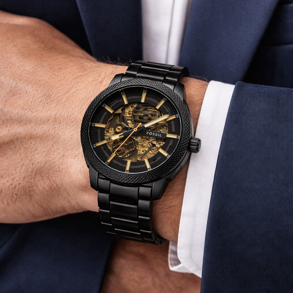 Fossil Automatic Skeleton Black Dial Black Stainless Steel Bracelet