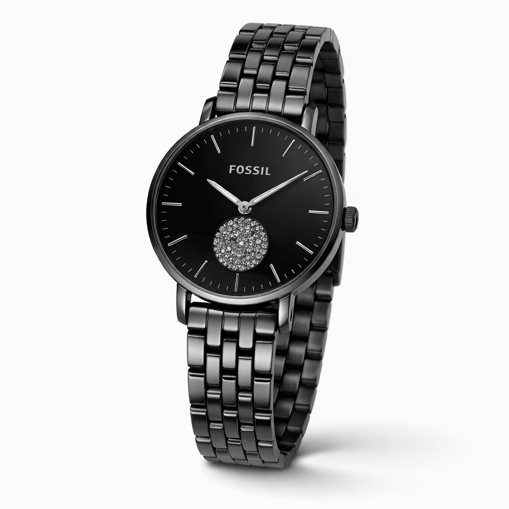 Fossil Minimal Black Dial Crystal Accent Black Stainless Steel Bracelet