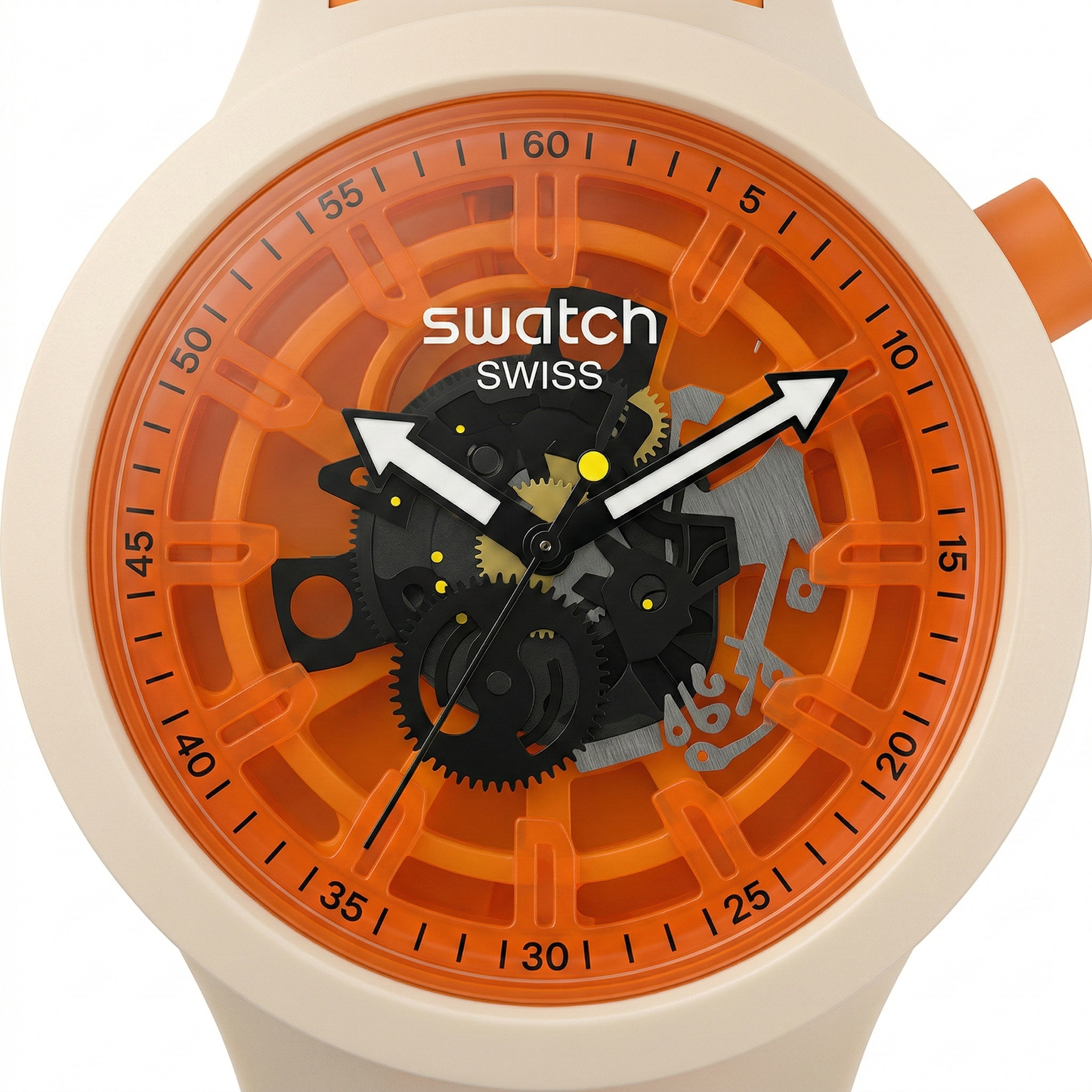 Swatch Swiss Skeleton Round White Case Blue Silicone Strap