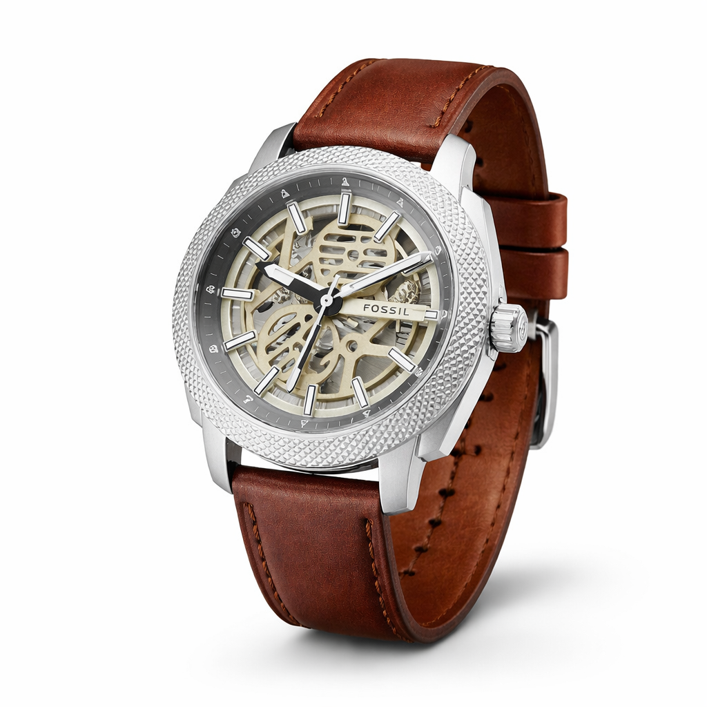 Fossil Automatic Skeleton Silver Case Brown Leather Strap
