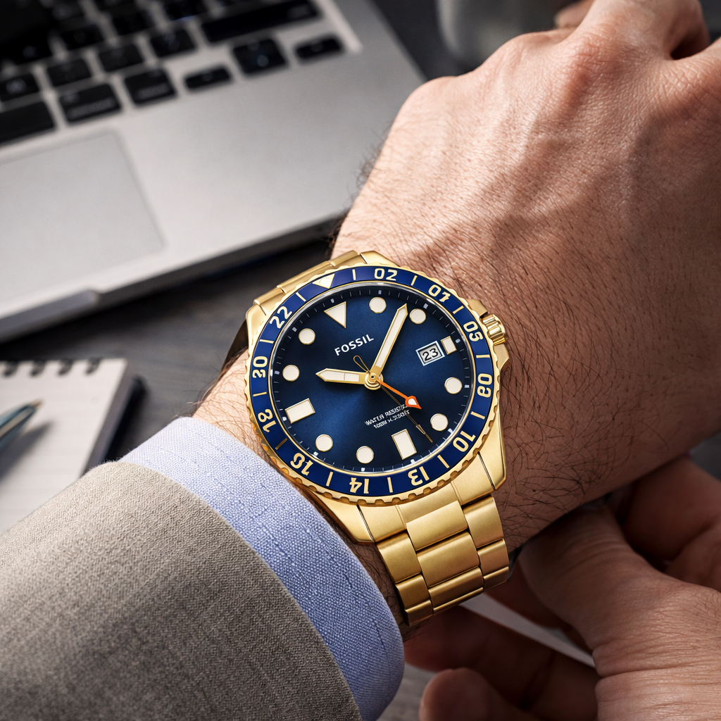 Fossil Diver Style Blue Dial Gold Stainless Steel Bracelet