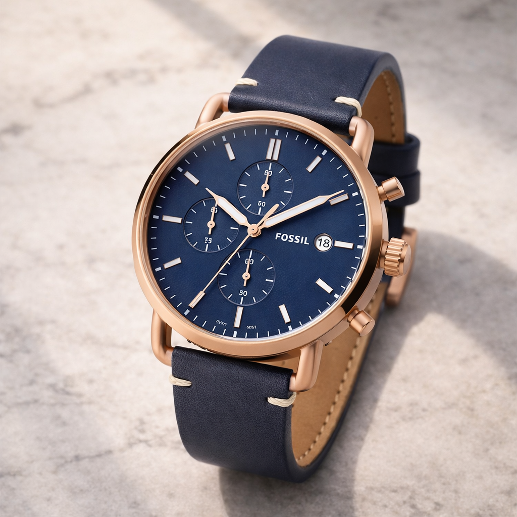 Fossil Minimalist Chronograph Watch Rose Gold Case Navy Dial Leather Strap