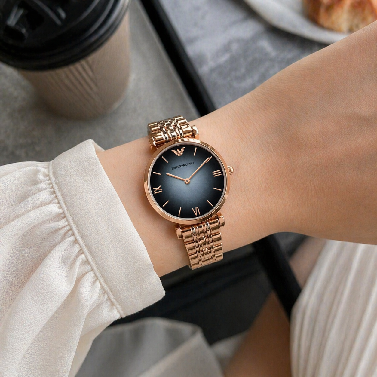 Emporio Armani Minimal Blue Dial Watch – Rose Gold Case Stainless Steel Bracelet