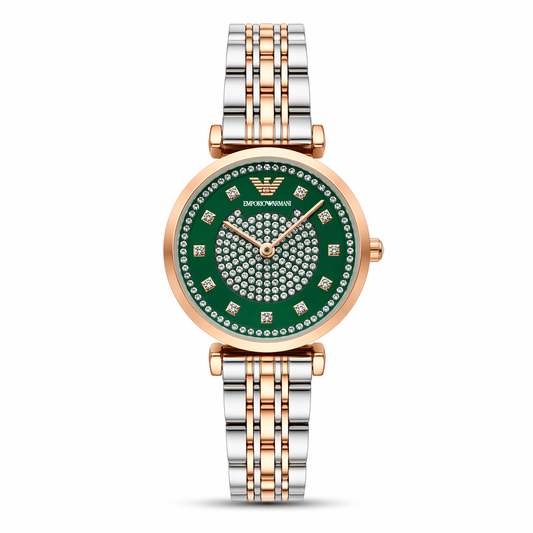 Emporio Armani Emerald Crystal Dial Watch – Rose Gold Case Dual-Tone Stainless Steel Bracelet