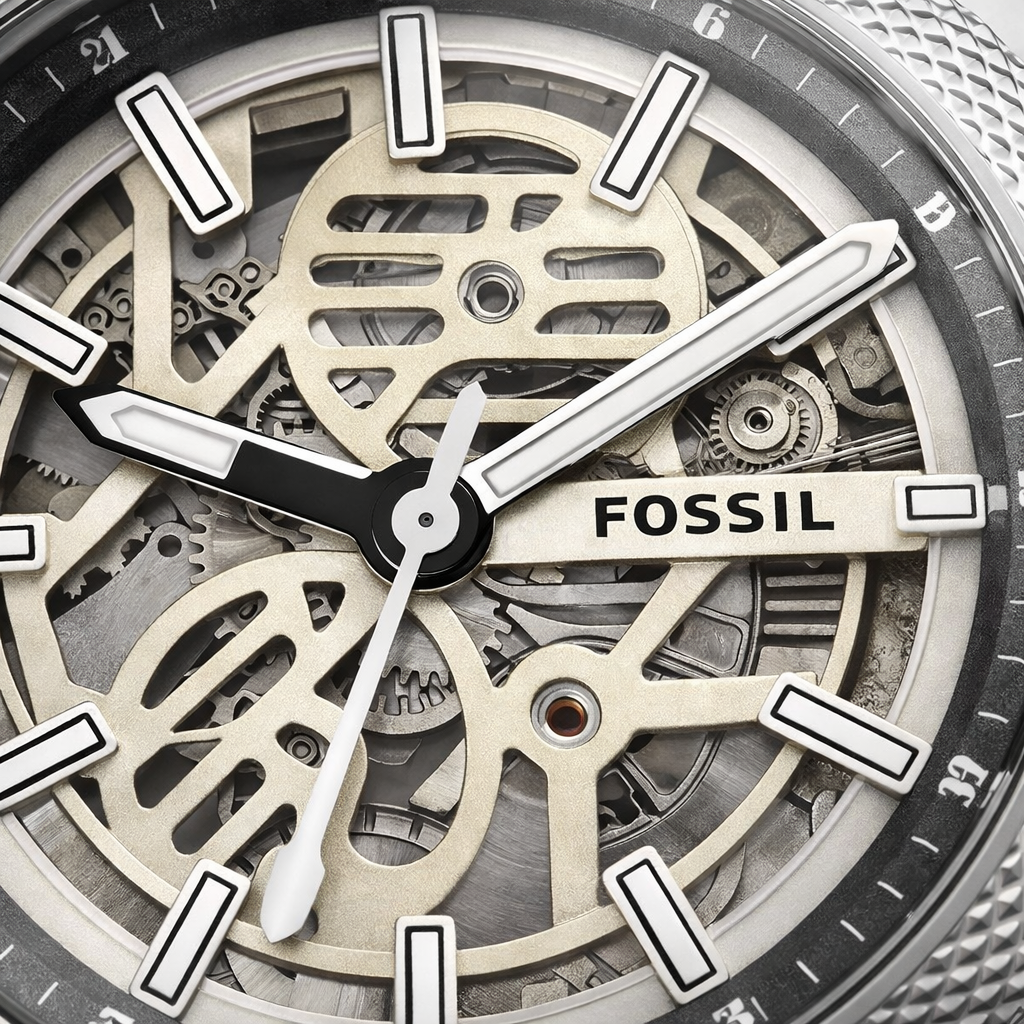 Fossil Automatic Skeleton Silver Case Brown Leather Strap