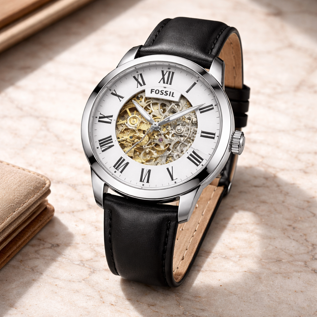 Fossil Skeleton Classic White Roman Dial – Black Leather Strap