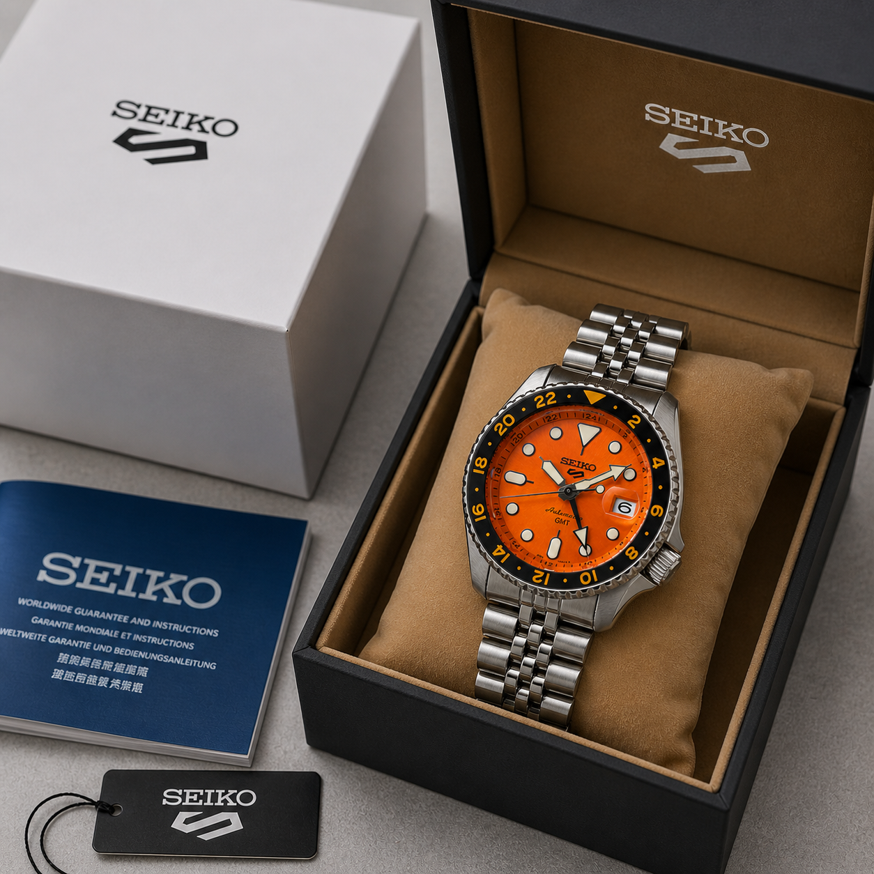 Seiko 5 GMT Automatic Stainless Steel Orange Dial Jubilee Watch