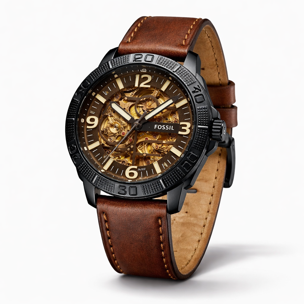 Fossil Automatic Skeleton Brown Dial Black Case Brown Leather Strap