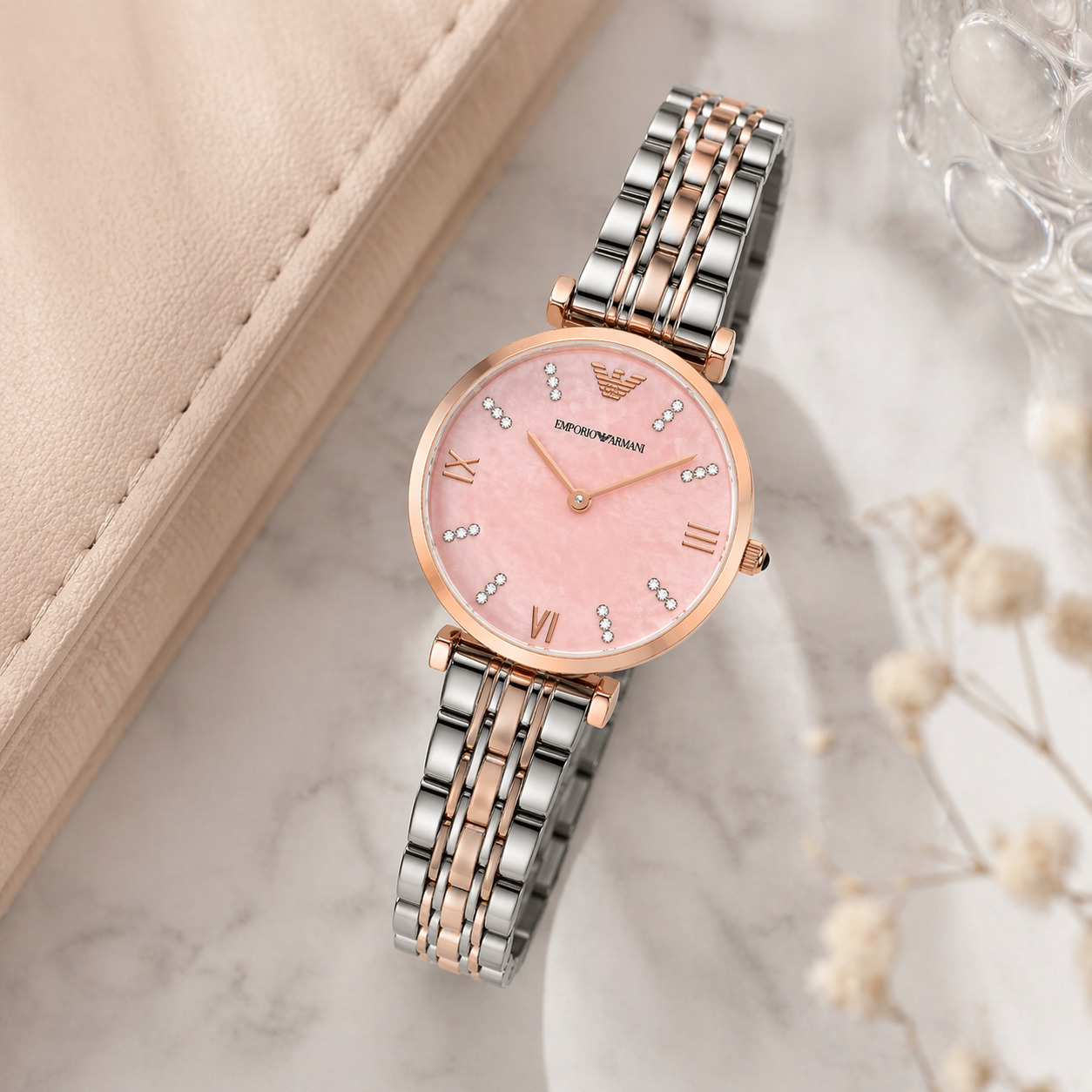 Emporio Armani Elegant Slim Pink Dial Watch – Rose Gold Case Dual-Tone Stainless Steel Bracelet