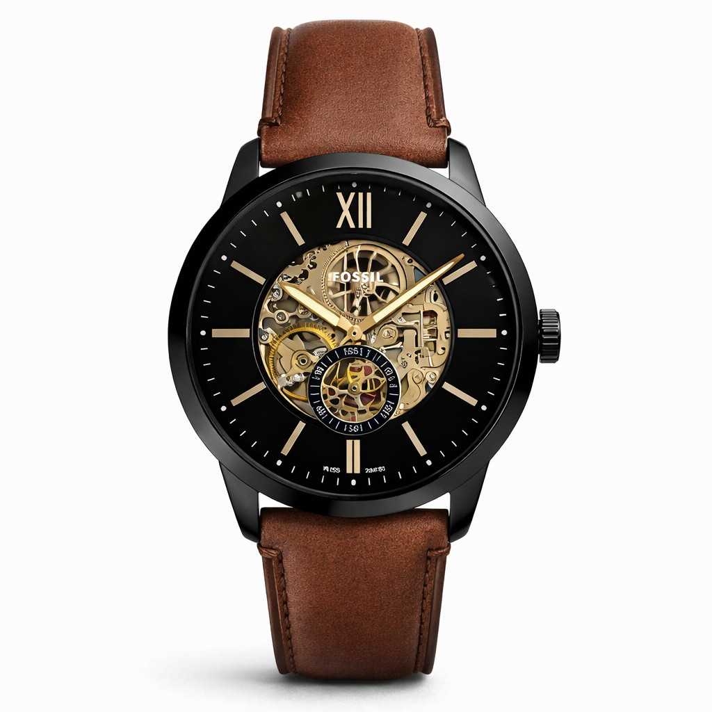 Fossil Skeleton Classic Black Case Brown Leather Watch