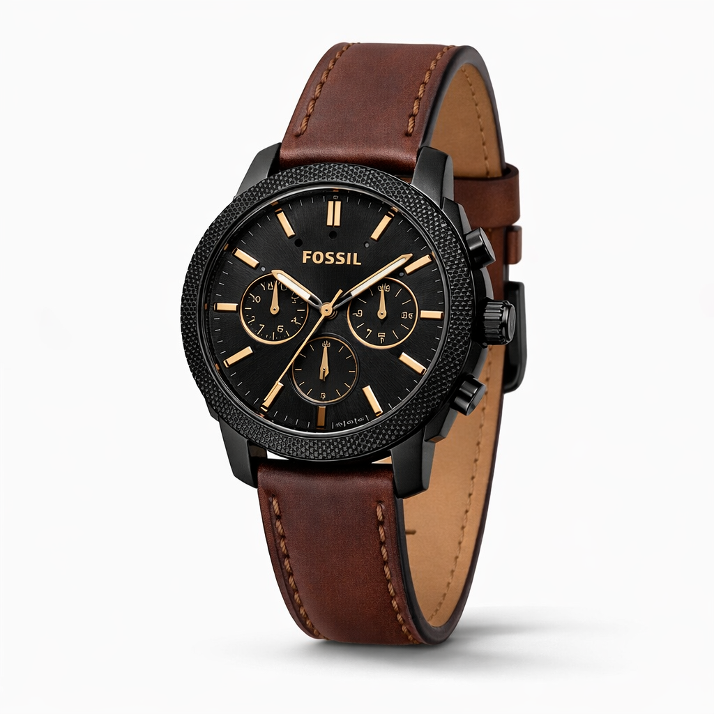 Fossil Chronograph Black Dial Black Case Brown Leather Strap