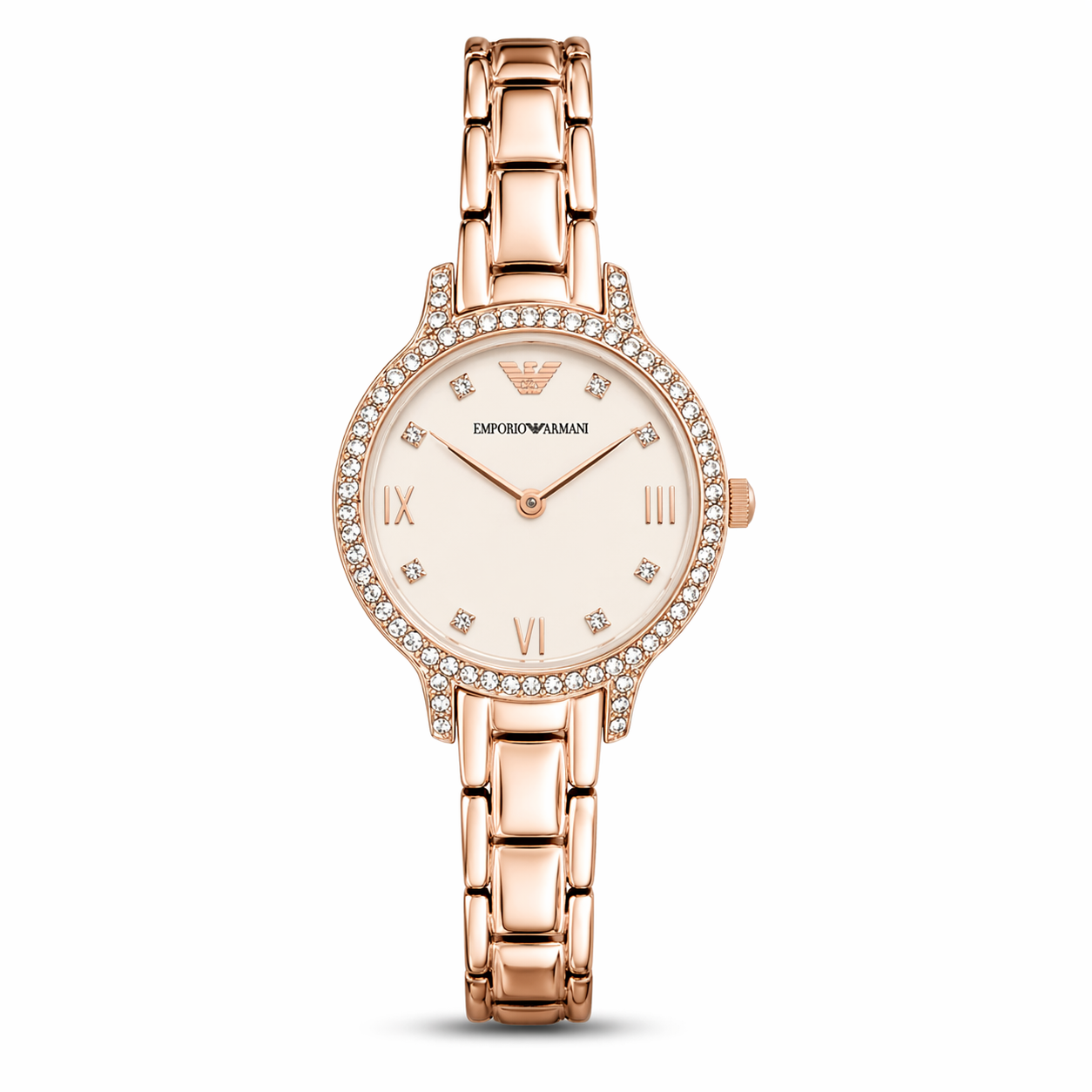 Emporio Armani Crystal Bezel Classic – Rose Gold Case Ivory Dial Stainless Steel Bracelet