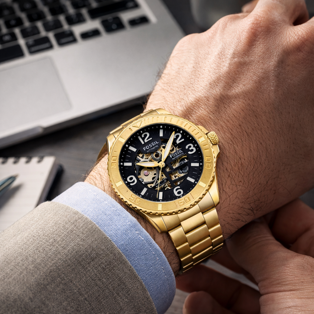Fossil Automatic Skeleton Black Dial Gold Stainless Steel Bracelet